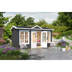 Lasita Maja Gartenhaus Kensington, carbongrau, mit Doppeltür und überdachter Fläche.