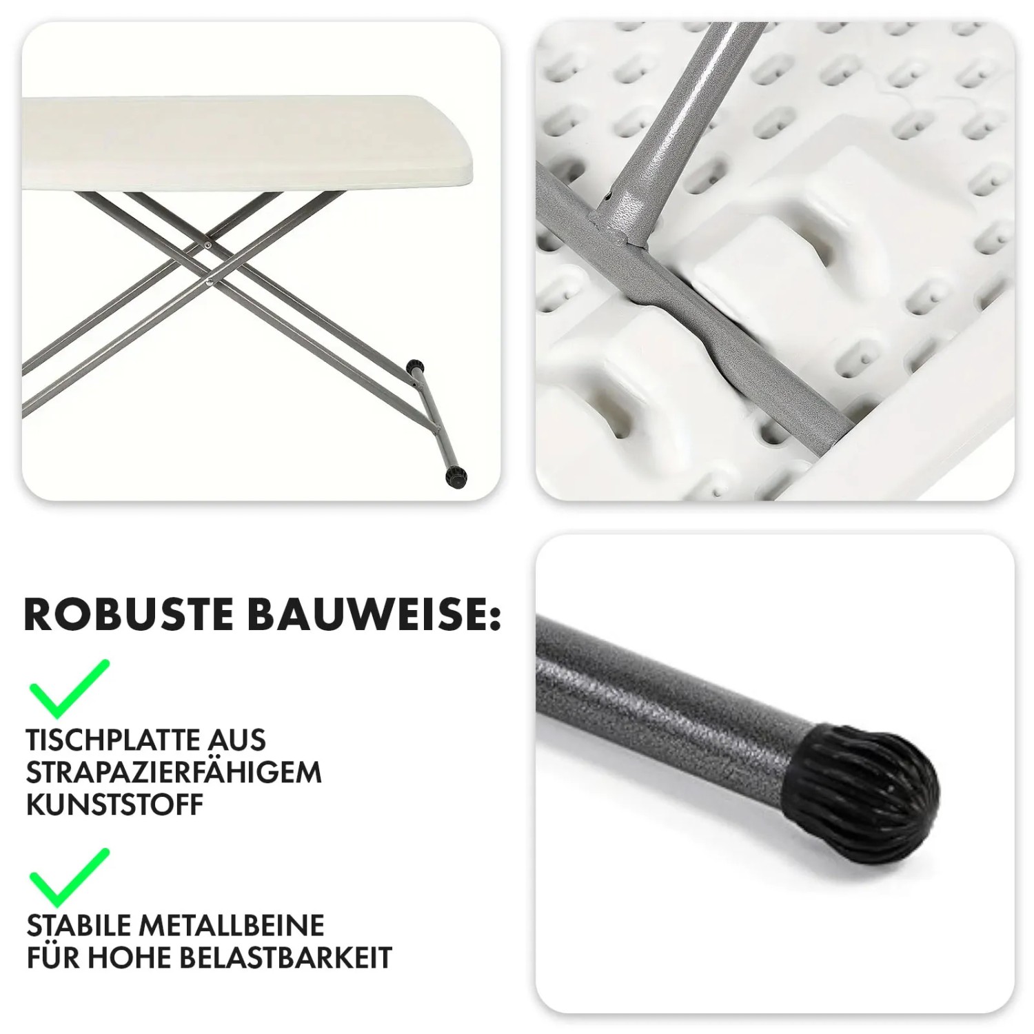 Detailansicht KARAT Klapptisch Nara: Wetterfeste Platte, Metallbeine, platzsparend & höhenverstellbar.