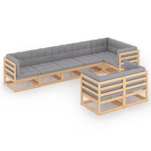 vidaXL 8-tlg. Garten-Lounge-Set aus Kiefernholz mit grauen Kissen.