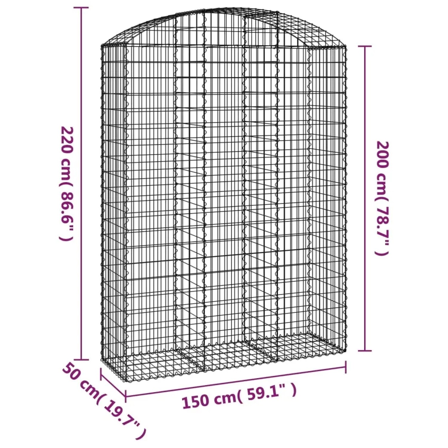 Leere, silberne vidaXL Gabione mit Hochbogen, 150x50x200/220 cm, aus verzinktem Eisen.
