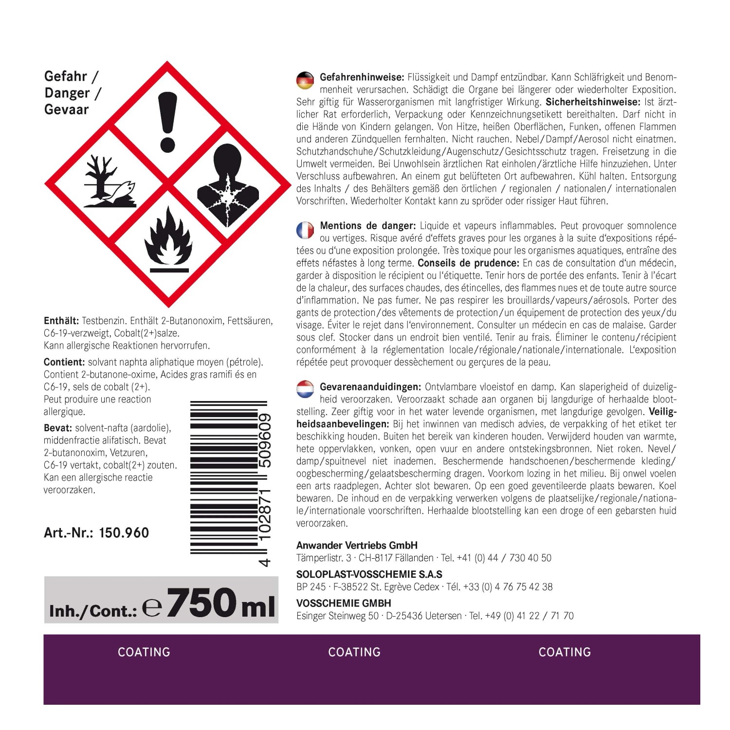 Gefahrgut-Etikett mit Warnsymbolen und Hinweisen zu Inhaltsstoffen und Gefahren.