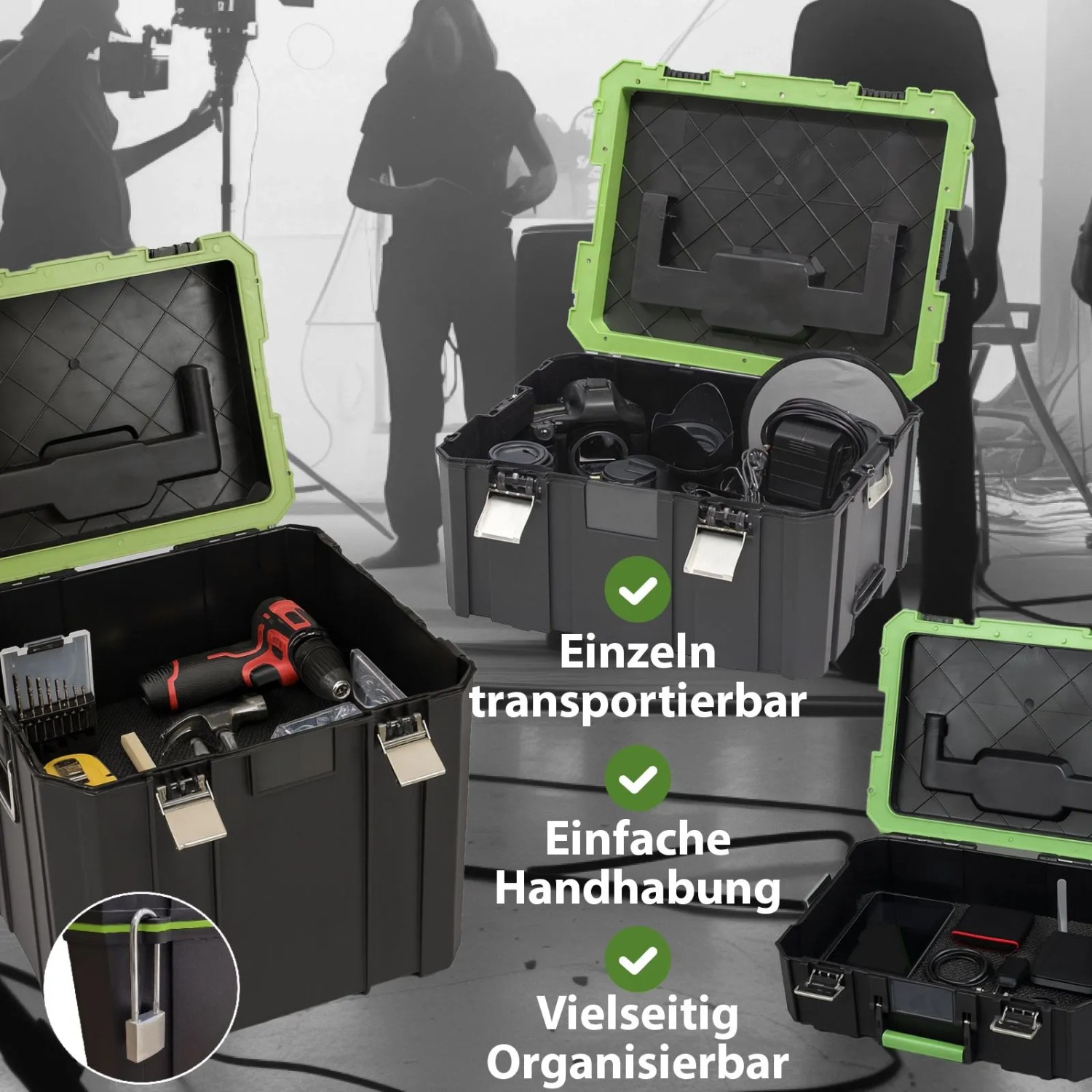 TRUTZHOLM Profi Stapelboxen mit Werkzeug, 3 Boxen und Rollbrett für Werkstattwagen.
