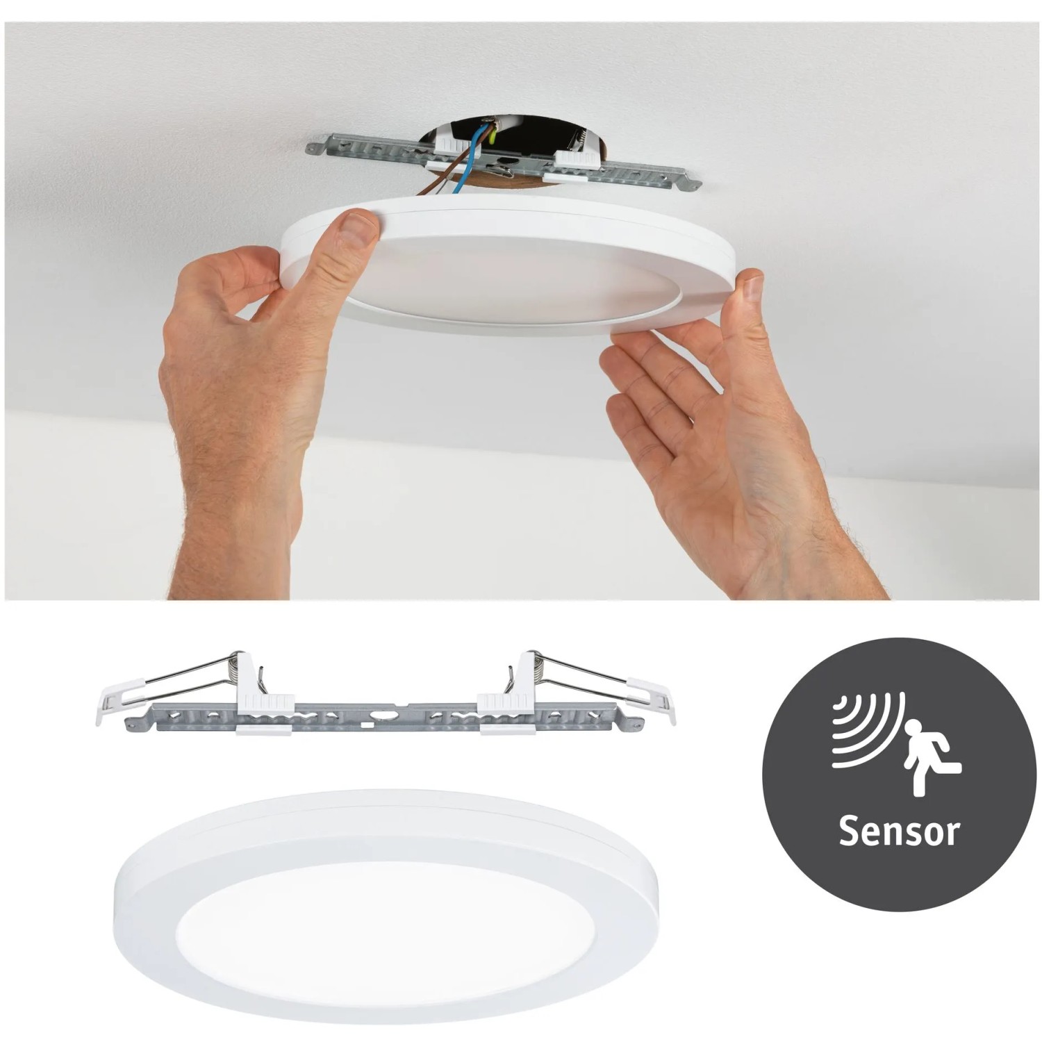 Paulmann Cover-it LED Einbaupanel, weiß matt, mit Sensor. Montage und Detailansicht.