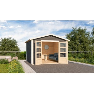 Karibu Holz-Gartenhaus Tessin 2, terragrau, mit Doppeltür und Boden. Ideal als Gartenpavillon oder Geräteschuppen.