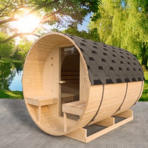 Home Deluxe Fasssauna Lahti Deluxe L mit Ofen und zwei Sitzbänken im Garten.