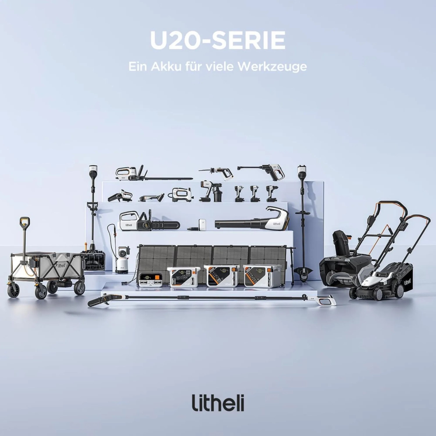 Litheli U20-Serie: Akku-System mit Akku-Kettensäge, Rasenmäher, Laubbläser und weiteren Gartengeräten.