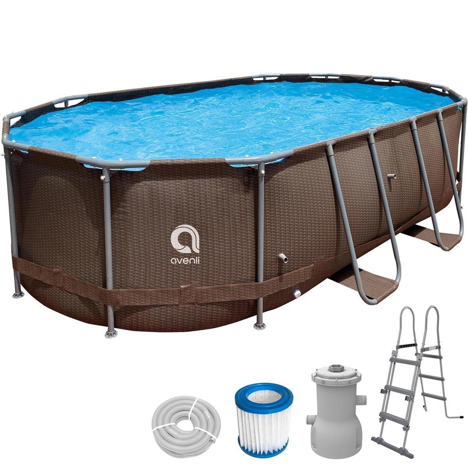 Avenli Frame Stahlrahmenpool Set Oval 427 x 275 x 100 cm RattanBraun mit Filterpumpe, Sicherheitsleiter und Reparaturauf...
