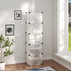 Transparentes vidaXL Schuhregal mit 7 Fächern und diversen Schuhen und Accessoires.