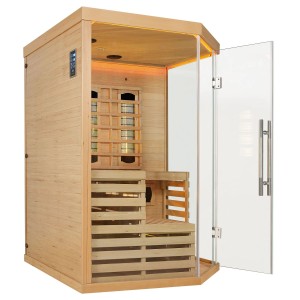 Artsauna Infrarotkabine Kiruna150 aus Hemlockholz mit Glastür und LED-Beleuchtung.