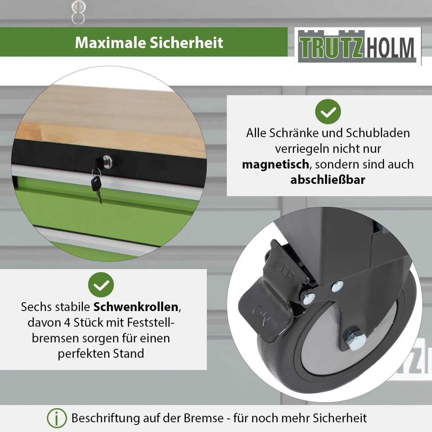 TRUTZHOLM Werkstattwagen: Schloss an grüner Schublade und Lenkrolle mit Feststellbremse für maximale Sicherheit.
