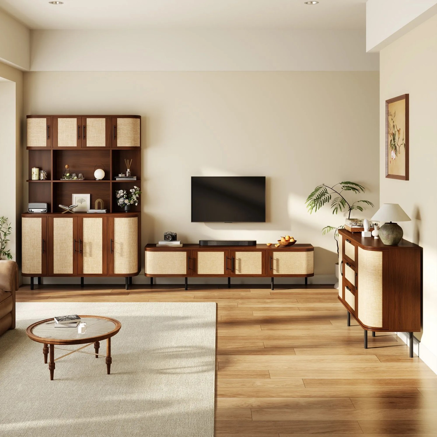 Merax Möbel Set TV Lowboard Sideboard Hochschrank Geflechtfront