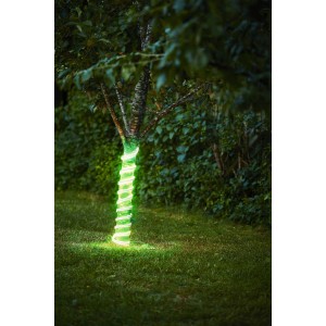 Grünes Eglo LED-Leuchtband Flatneonled (500 cm) um einen Baum gewickelt.