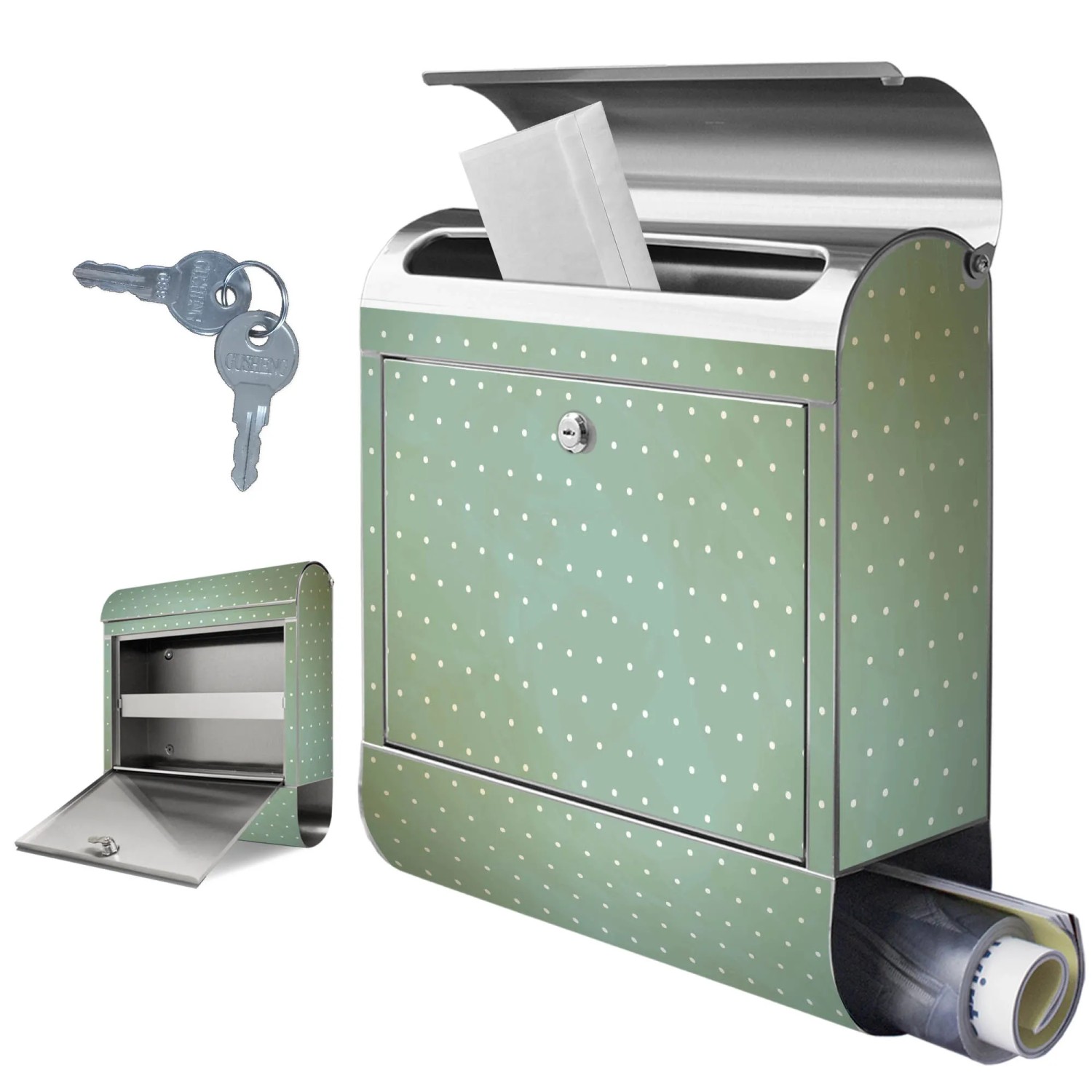 Edelstahl Briefkasten mit Zeitungsfach und Punkte-Motiv. Rostfreier Wandbriefkasten mit Schlüssel.