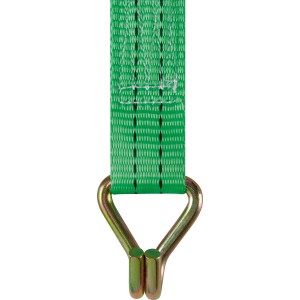 Grüner Zurrgurt mit Ratsche und Haken aus Stahl, Detailansicht.