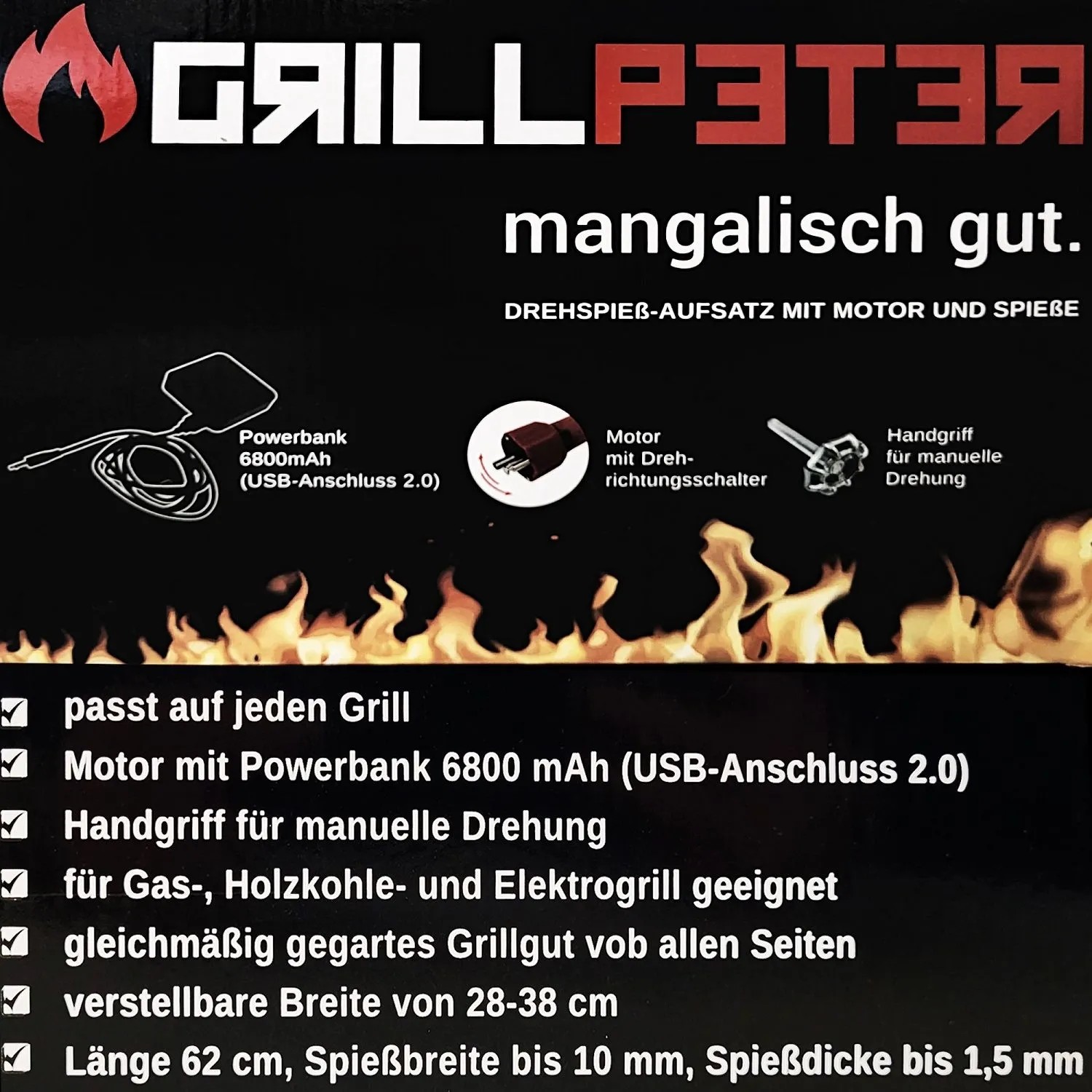 Grillpeter Mangal Grill Set mit Spießdreher: Edelstahl Holzkohlegrill mit Motor und Zubehör.