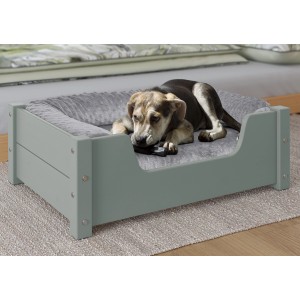 Gemütliches graues Tierbett aus Kiefernholz mit Rollrost und Matratze für Hunde und Katzen.