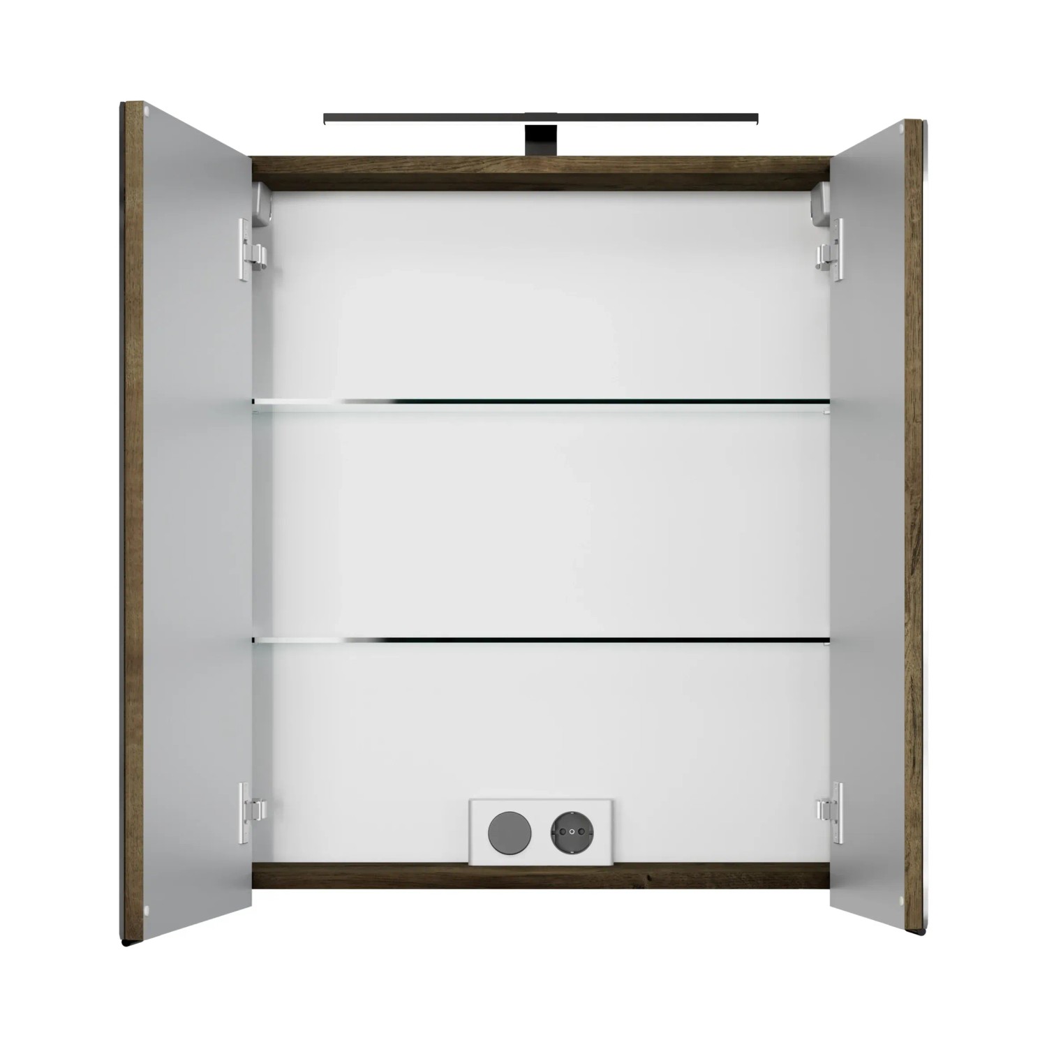 Offener Pelipal Spiegelschrank Quantum 07, Eiche Ribbeck Quer, mit LED-Leuchte und Glaseinlegeböden.