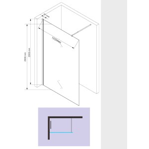 Technische Zeichnung einer satinierten Glaszentrum Hagen Walk-In Dusche 160x200cm mit Maßen.
