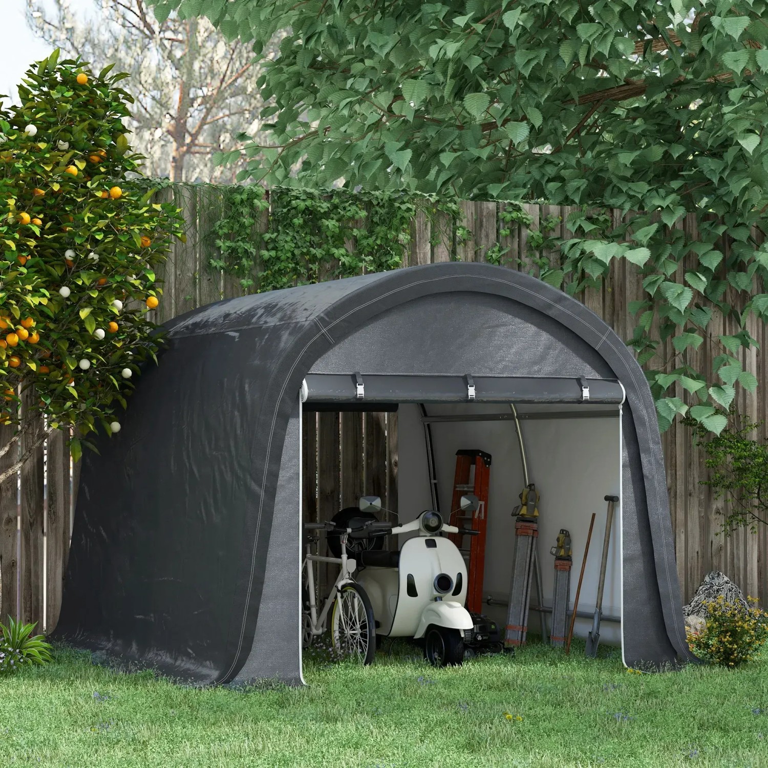 Outsunny Foliengerätehaus 3x3m, grau, mit zwei Rolltoren und UV-Schutz. Lagerzelt für Gartengeräte.