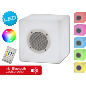 Näve LED Deko-Würfel mit Bluetooth Lautsprecher, weiß, eckig. Außenleuchte mit Farbwechsel und Fernbedienung.