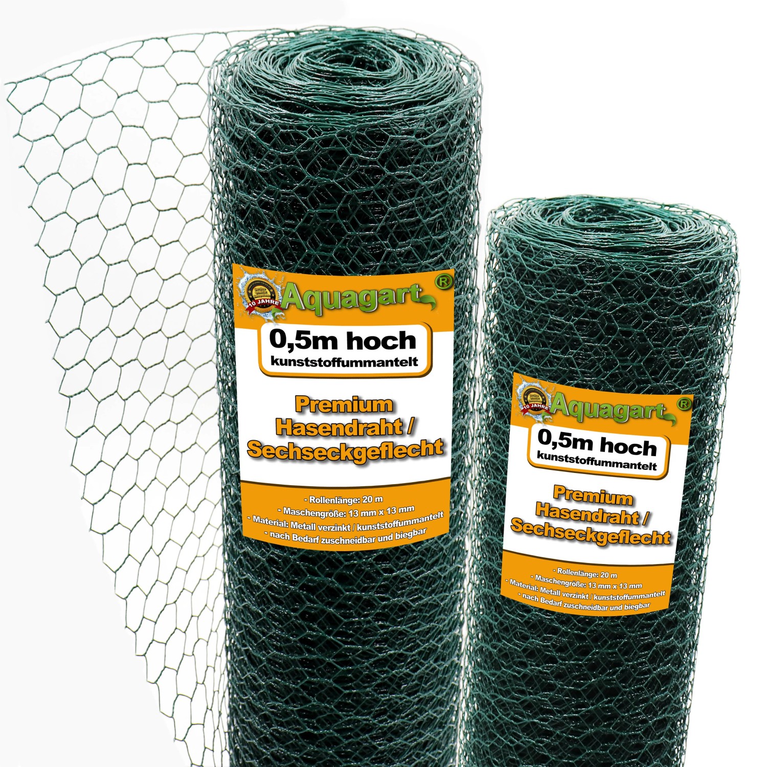 Aquagart Sechseckgeflecht, 50cm hoch, 2 Rollen grüner Hühnerzaun/Hasendraht.