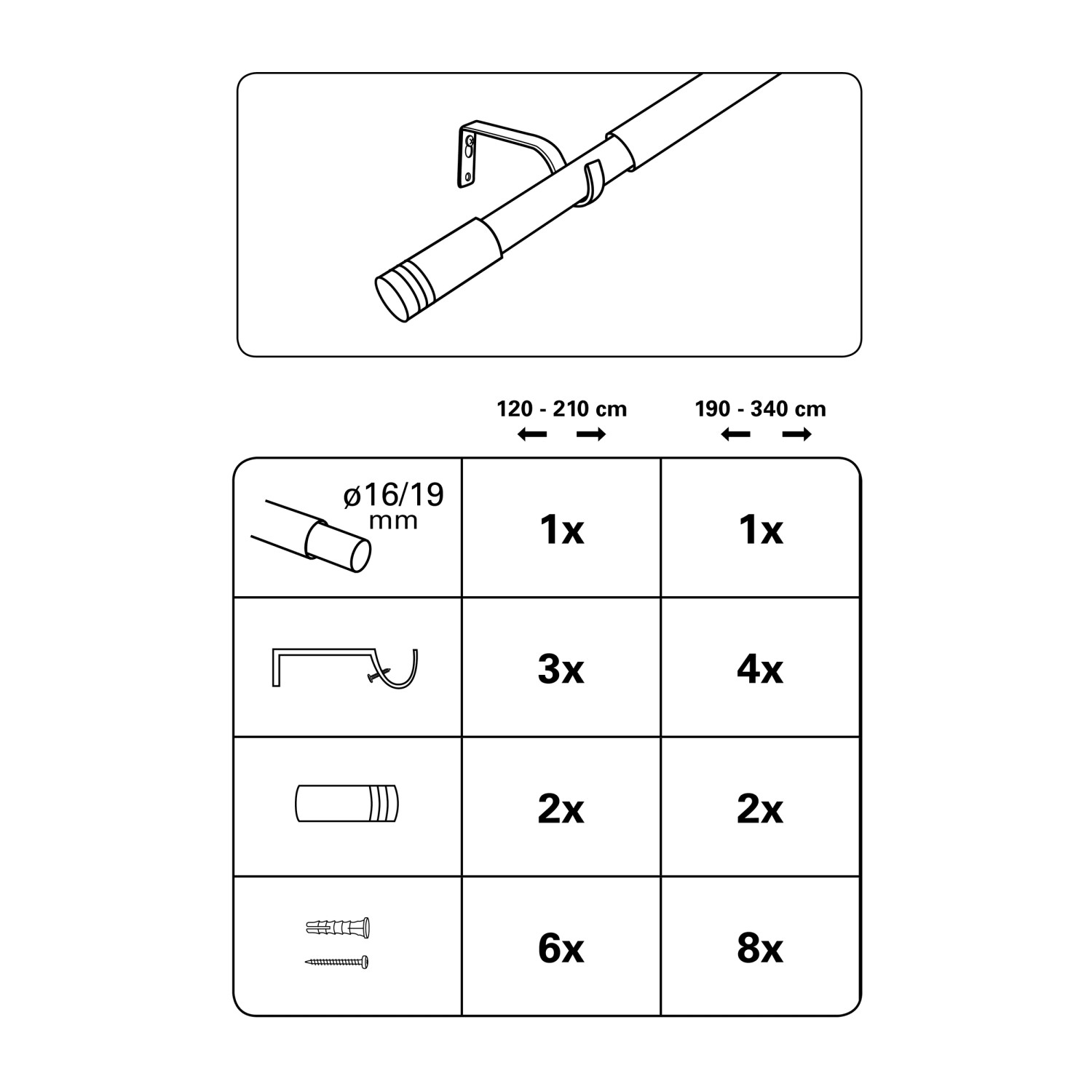 Abbildung des Gardinia Gardinenstangen-Sets Zylinder Ø 16/19 mm Edelstahl mit Montageübersicht.
