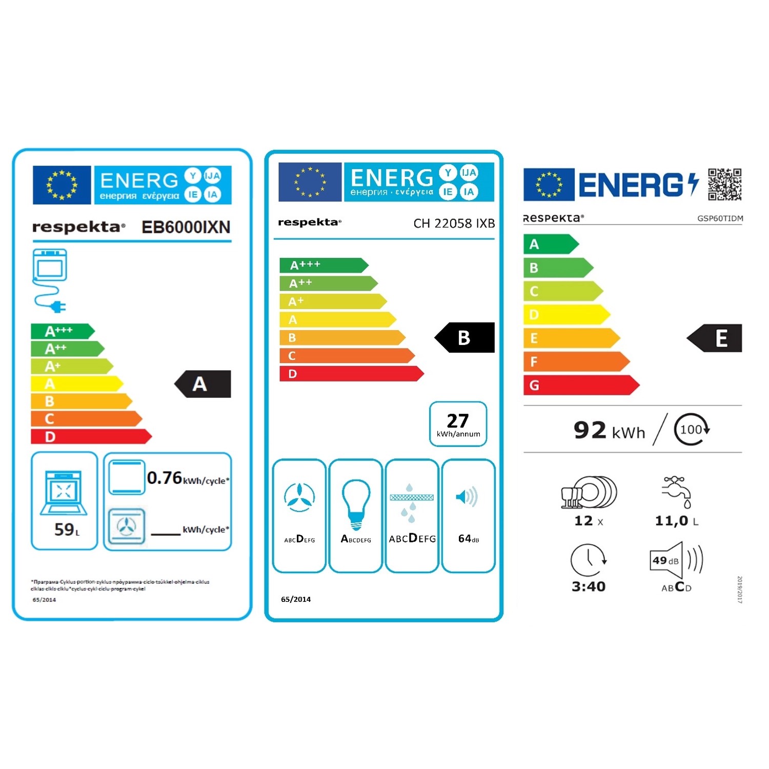 Energieeffizienzlabel für Respekta Einbaugeräte der Küchenzeile KB250ESG.