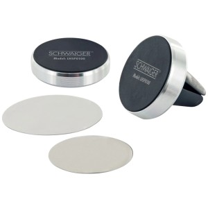 Schwaiger KFZ-Smartphonehalterung LHSP0100, magnetisch, silber/schwarz, mit Magnetadaptern und Lüftungsgitter-Adapter.