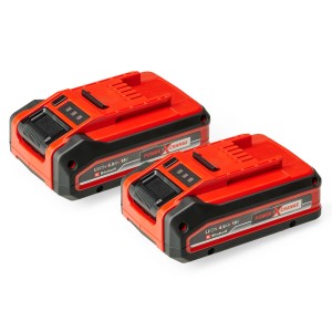 Zwei Einhell Power X-Change Akkus 18V/4,0 Ah für Elektrowerkzeuge, rot und schwarz.