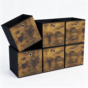 Sechs braune Stoff-Faltboxen in Holzoptik mit schwarzen Seiten und Metallösen. Ideal für Schrank & Regal zur Aufbewahrung.