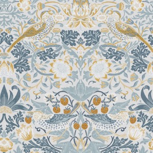 William Morris Vliestapete Strawberry Thief blau mit Vogel- und Erdbeermuster.