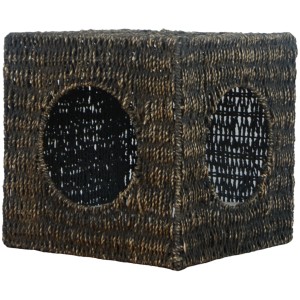 Schwarze, eckige Wandhöhle aus Seegras von Silvio Design mit zwei runden Eingängen.