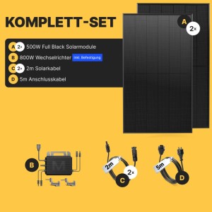 Solakon Balkonkraftwerk Komplettset: 2 Solarmodule, 800W Wechselrichter, Kabel. Steckerfertige Photovoltaik Anlage.