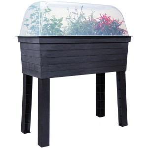 Garantia Hochbeet Balkon Urban Set mit Anzuchthaube, Holzstruktur, bepflanzt mit Kräutern und Gemüse.