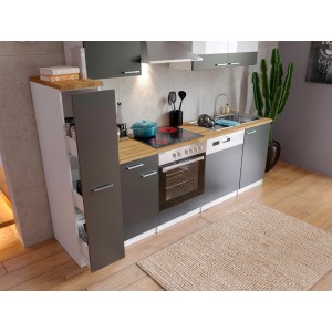 Respekta Küchenzeile KB250WGC, 250 cm, grau-weiße Einbauküche mit E-Geräten und Spüle.