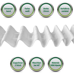 Bestgoodies Gardinenband Universalband, 25mm breit, weiß, 10m Rolle. Ideal für Fenstervorhänge.