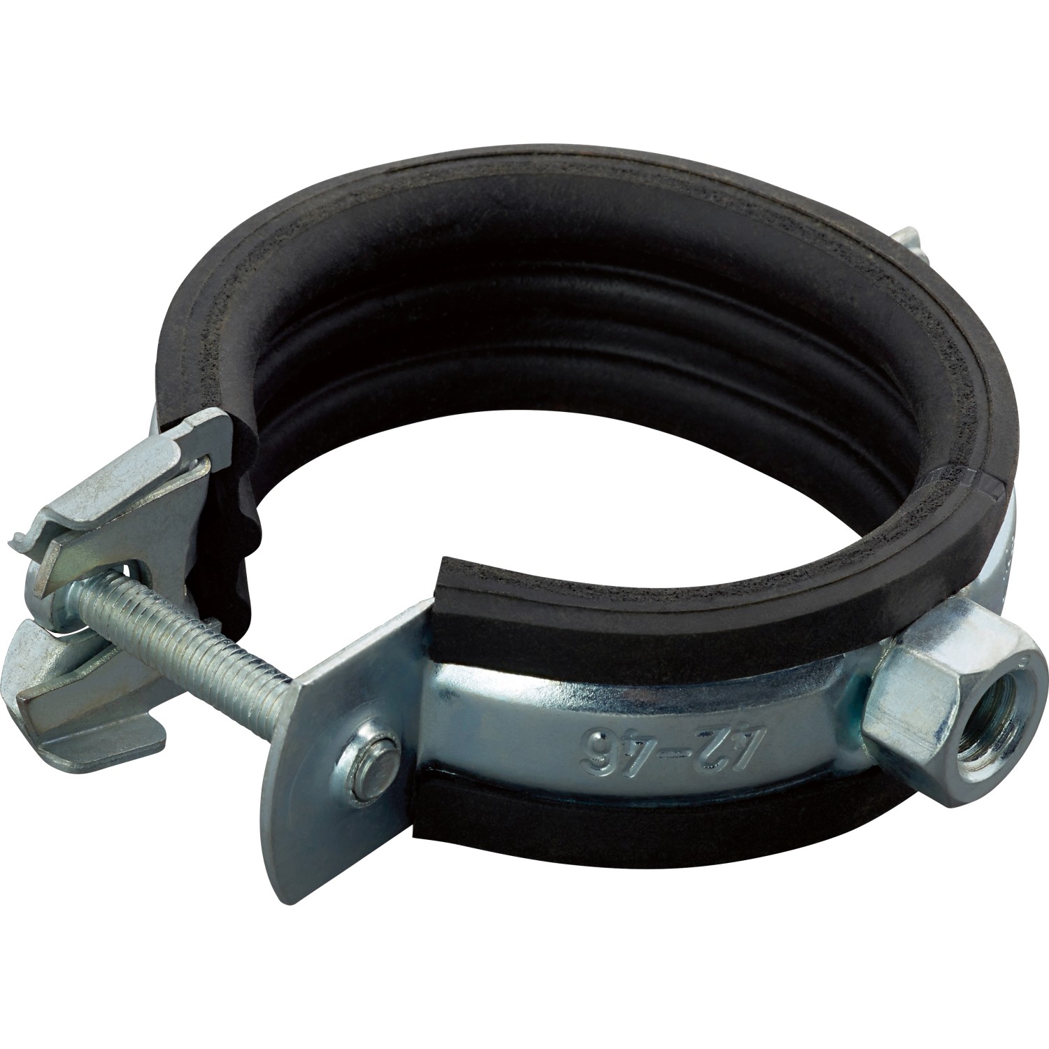 Schallschutzrohrschelle (Ø 42-46 mm) aus verzinktem Stahl mit Gummieinlage zur Schalldämpfung.