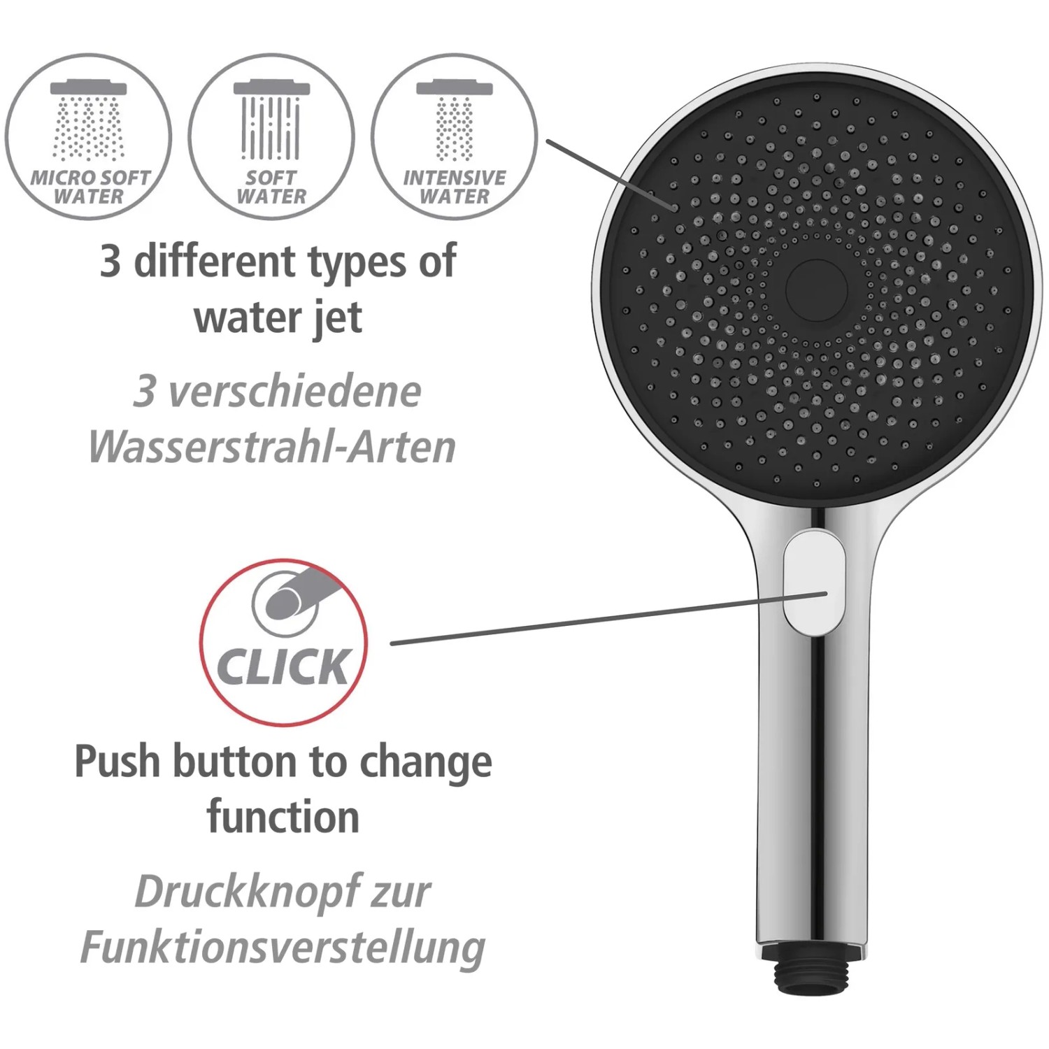 Wenko Softwater Handbrause Chrom mit 3 Strahlarten und Druckknopf zur Funktionsverstellung.