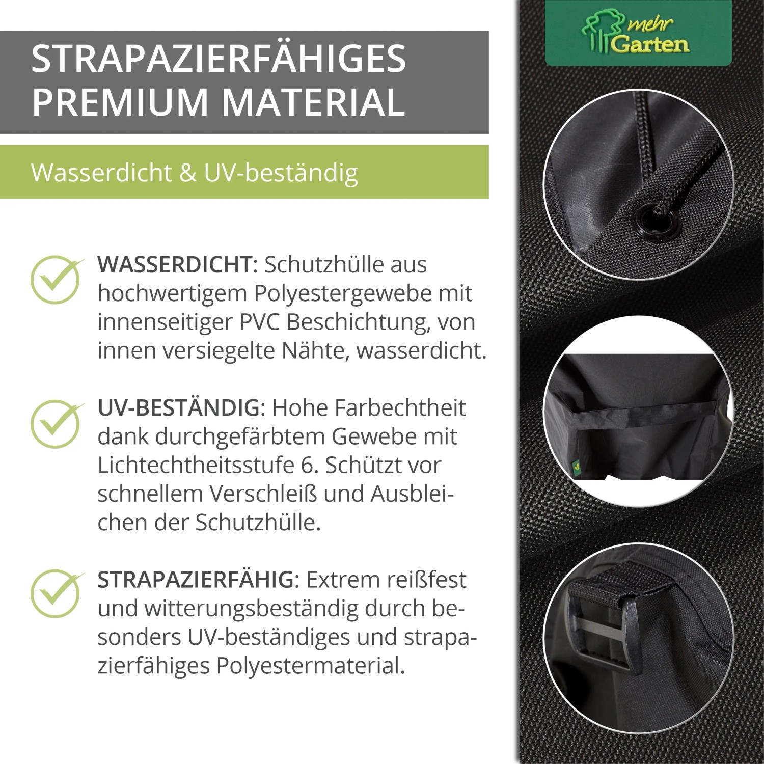 Detailansicht: Mehr Garten Premium Schutzhülle für Gasgrill, rechteckig, mit wasserdichter Beschichtung.