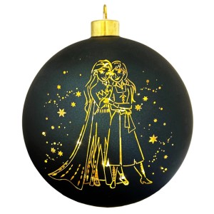 Schwarze Disney Frozen Glaskugel (Ø 15 cm) mit goldener, beleuchteter Anna & Elsa und Sternen. Ideal für Weihnachtsdeko.