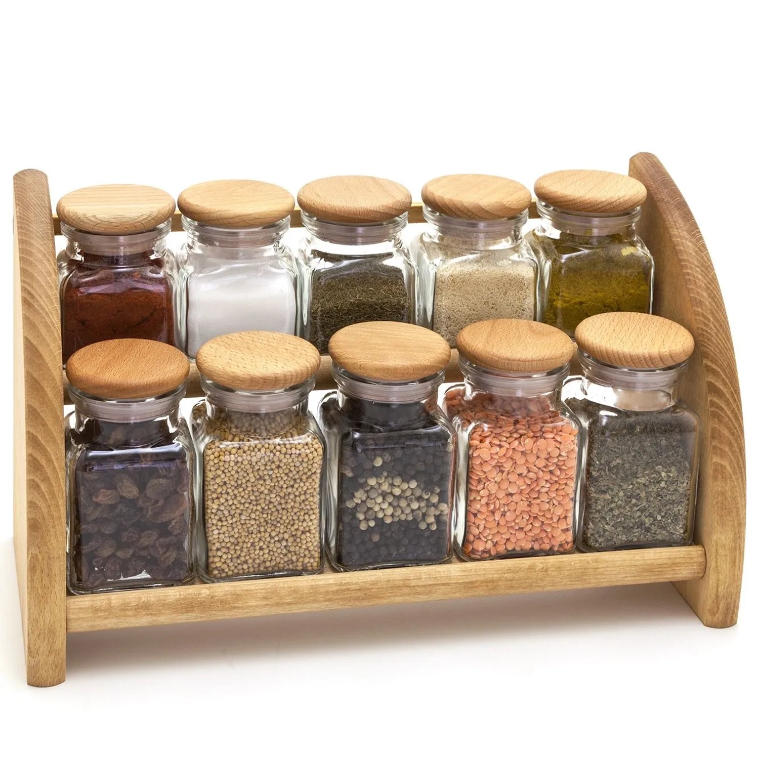 HolzFee Gewürzbord Holz mit 10 Glas-Gewürzdosen Gewürzregal Gewürzständer