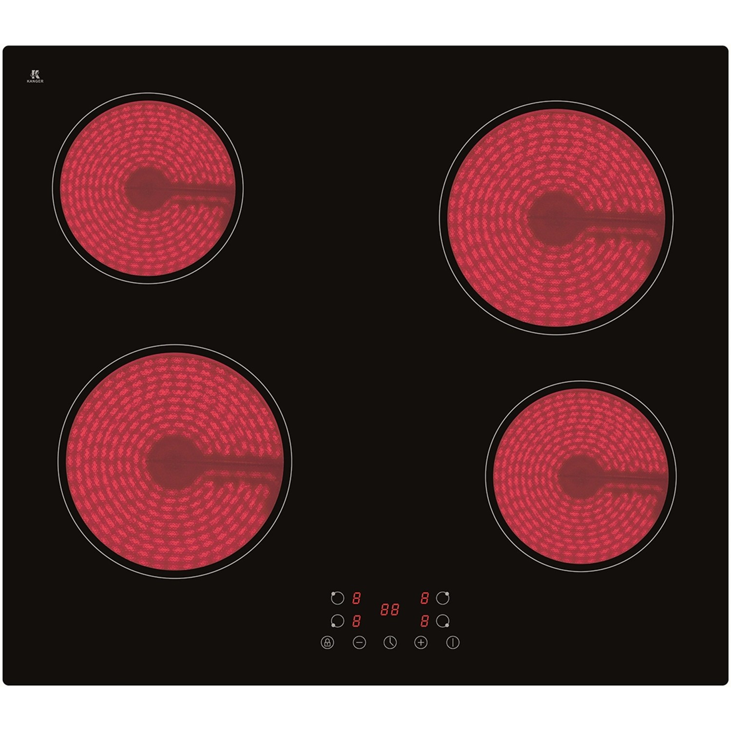 Schwarzes Glaskeramikkochfeld mit vier roten Kochzonen für Optifit Winkelküche.