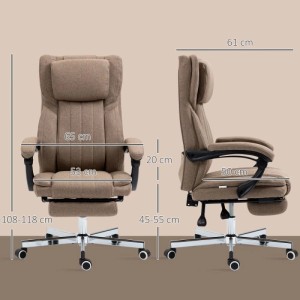 Brauner Vinsetto Bürostuhl aus Polyester mit Massage, verstellbarer Rückenlehne, Fußstütze und Rollen. Maße: 65x61x105-113 cm.