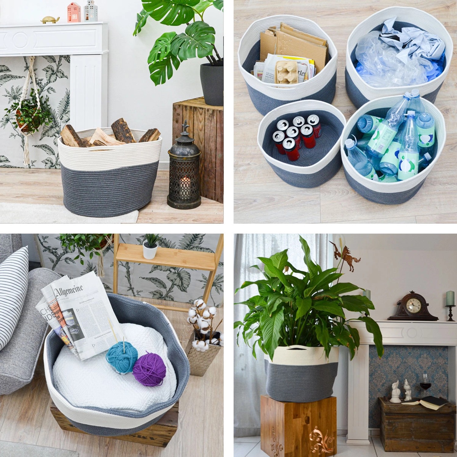 XXL Aufbewahrungskörbe aus Baumwolle, grau-weiß, gefüllt mit Holz, Müll, Wolle und Pflanzen.