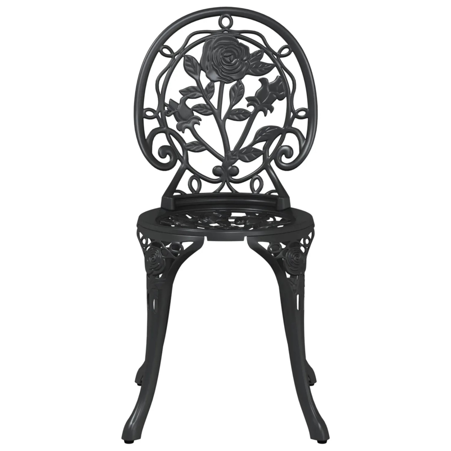 Schwarzer Gartenstuhl aus Aluminium mit Rosenmuster, Teil eines 3-tlg. Bistro Sets.