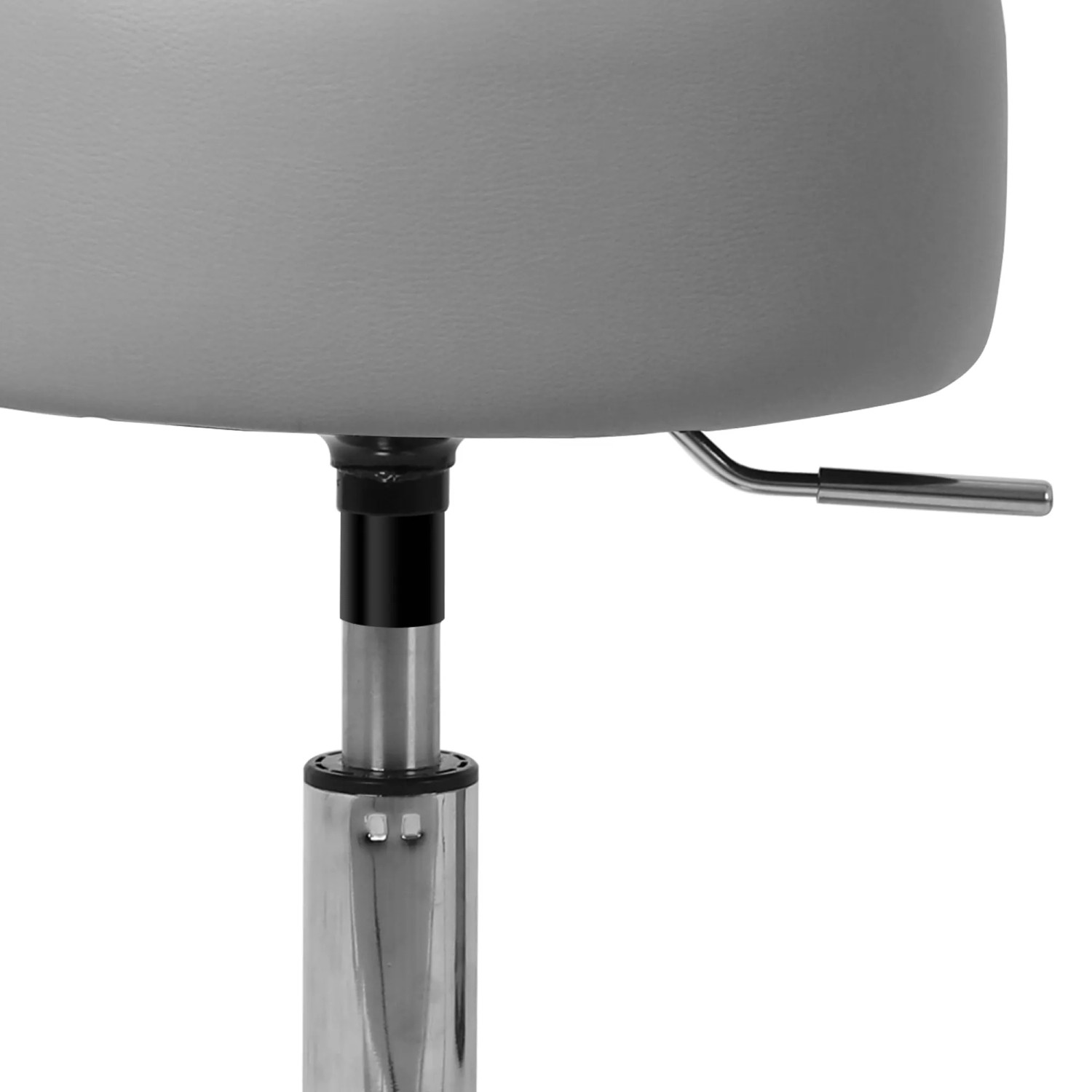 Detailaufnahme: Hellgrauer ML-Design Schminkhocker, höhenverstellbar, Stahlfuß.