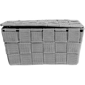 Grauer Wenko Badkorb Adria mit Deckel aus PP-Geflecht, stapelbar.