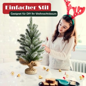Künstlicher Mini Weihnachtsbaum 50 cm mit beflockten grünen Zweigen und Jute-Basis, ideal zum Dekorieren.
