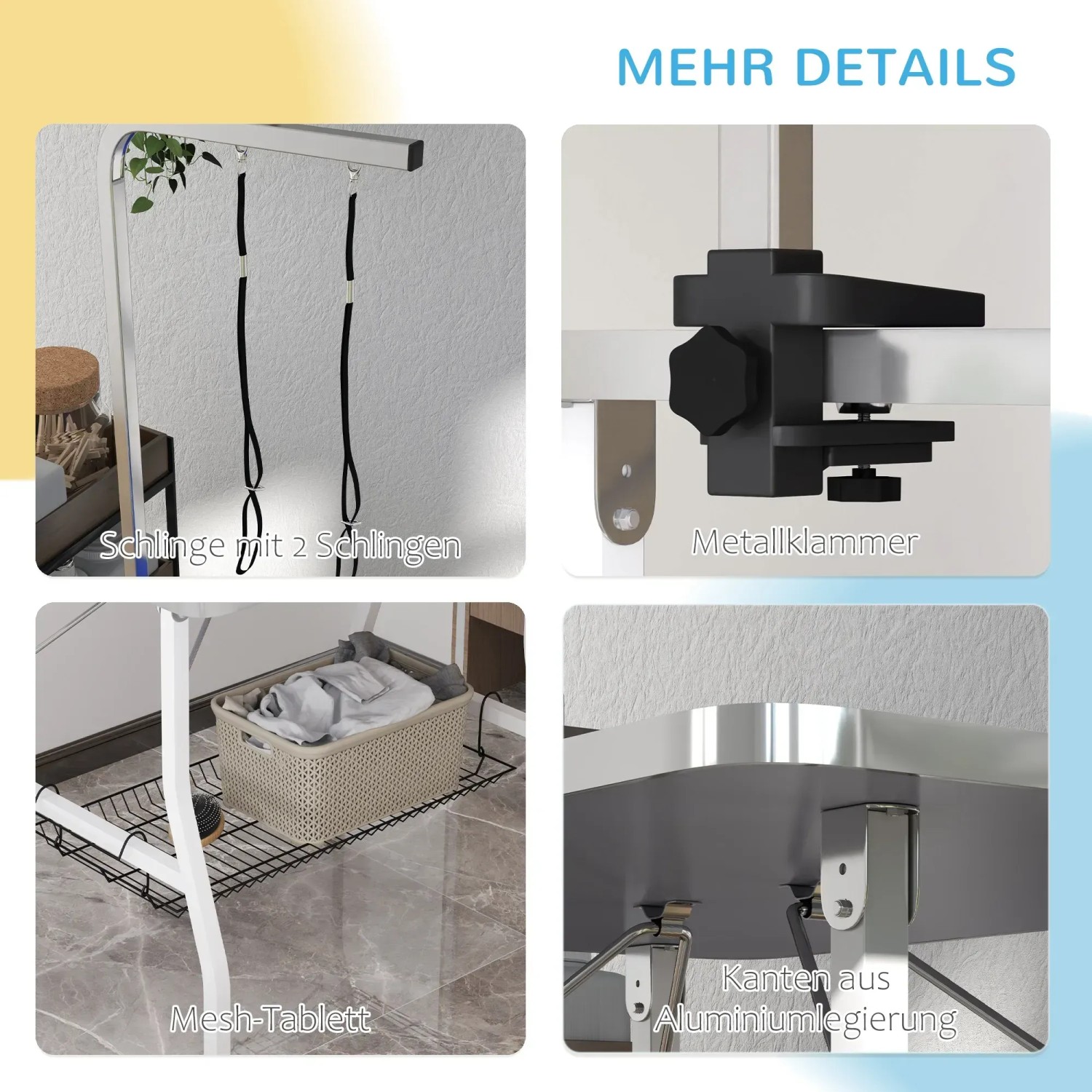 Detailansicht PawHut Tierpflegetisch: Pflegearm mit Schlaufen, Metallklemme, Ablage und Aluminiumkanten.