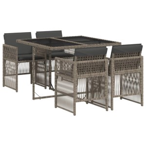 Graue 5-tlg. vidaXL Garten-Essgruppe aus Polyrattan mit Tisch und Stühlen inklusive Kissen.